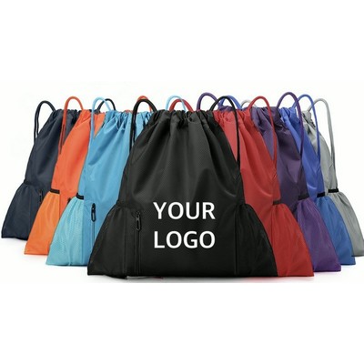 Waterproof Drawstring Backpack w/ Front Zipper & Mesh Pockets