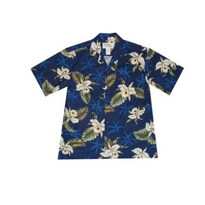 Navy Hawaiian Shirt (S - 3XL in-stock) - 100% Cotton Poplin Tropical Print w/ Coconut Buttons