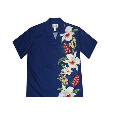 Hawaiian Vertical Print Shirt (S - 3XL) - 100% Cotton Poplin Tropical Flowers w/ Coconut Buttons