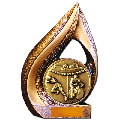 Stock 9" Flame Trophy with 2" Triathlon Coin and Engraving Plate