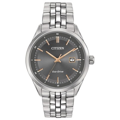 Citizen® Men's Corso Eco-Drive Stainless Steel Watch W/ Rose Gold-Tone Accents & Grey Dial