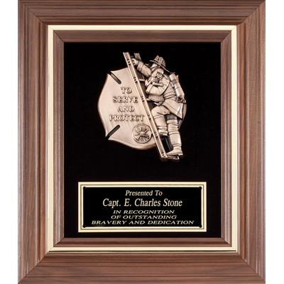 Walnut Frame w/Cast Metal "Fireman Rescuing Girl" on Black Velour, 11-1/2"x13-1/2"