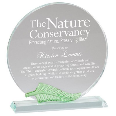 Optical Crystal Round Award w/Green Leaf (7" x 7 ¼")