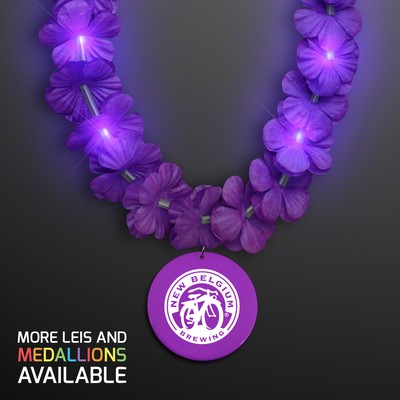 Light Up Purple Lei Flower Necklaces with Purple Medallion - PRINTED