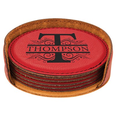 4" Red Leatherette Round 6-Coaster Set