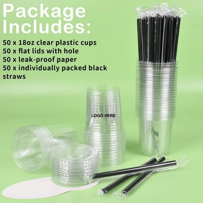 18 Oz. Plastic Cups w/Lids, Straws, & Leakproof Paper