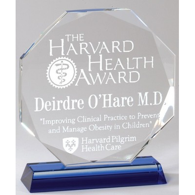 Octagon Crystal Award with Blue Base, 6 3/4"H