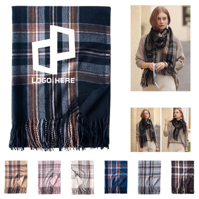 Plaid Shawl-Style Scarf W/ Fringe