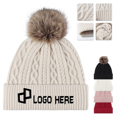 Warm Twisted Knitting Pom-Pom Beanie