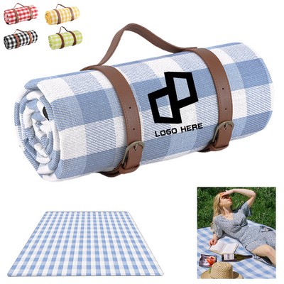Camping Picnic Outdoor Park Beach Blanket W/ Pu Leather