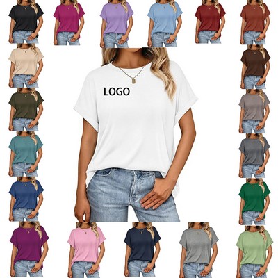 Women's summer top with half sleeves, round neck design, solid color basic tee, lightweight casual t