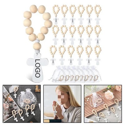 Mini Rustic Wooden Rosary Favors Bulk Catholic Prayer Beads with Crucifix and White Mesh Bag