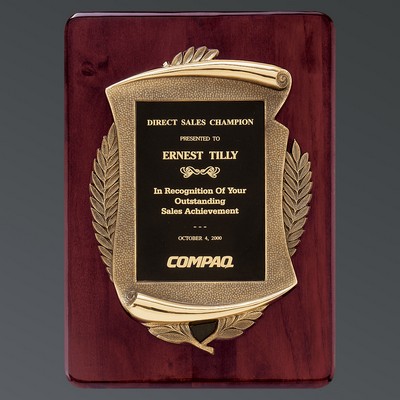 Rosewood Piano Finish Rounded Rectangle with Scroll & Black Brass Plate, 11"x15"