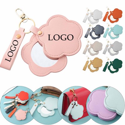 Flower Shaped PU Leather Makeup Mirror W/ Keychain