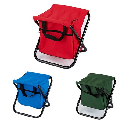 A folding stool with a bag
