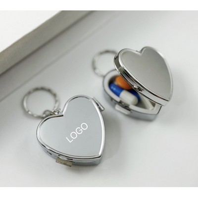 Heart Shaped Metal Pill Box Keychain Portable Two Compartment Medicine Case Glossy Mini Pill Holder