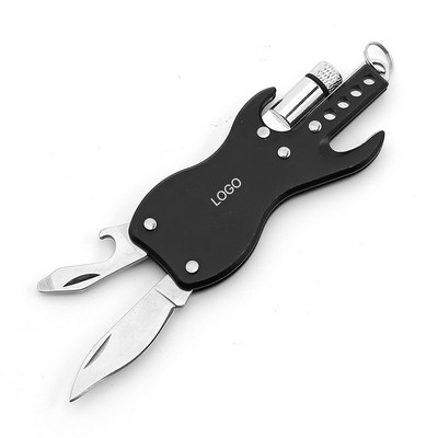 Multifunctional Guitar Shape Folding Knife Keychain with LED Light and Bottle Opener