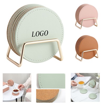 Leather Cork Coaster Set With Metal Holder 6 Piece Table Protection Heat Resistant