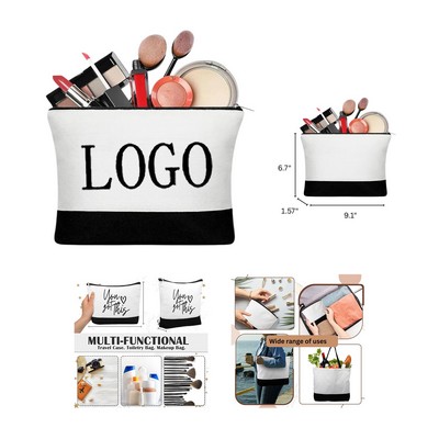 Mixed-Fabric Canvas Cosmetic Pouch