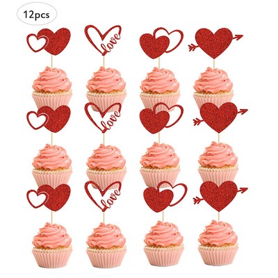 12pcs Glitter Paper Cake Topper Set DIY Birthday Party and Valentine's Day "LOVE" Heart Decoration