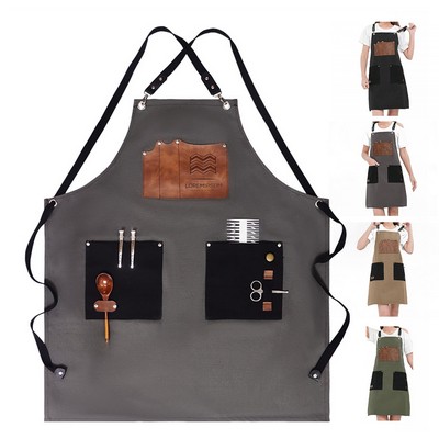 Cotton Canvas Work Apron With PU Leather Pockets
