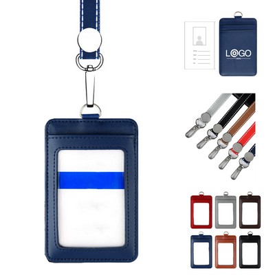 Leather ID Badge Card Holder w/Lanyard