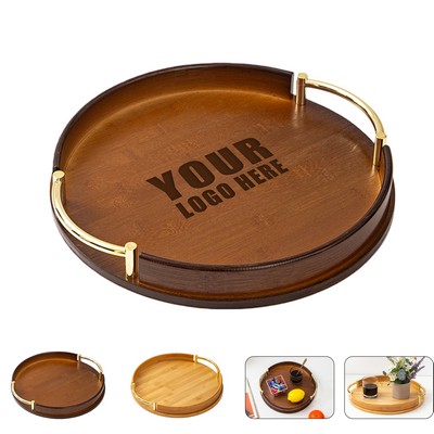 Round Bamboo Wood Tea Serving Tray with Handle
