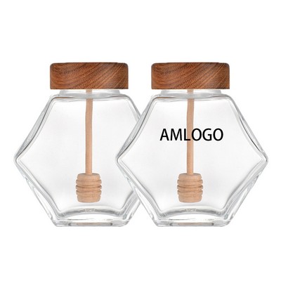 Elegant Hexagonal Glass Honey Jars with Wooden Dipper and Lid