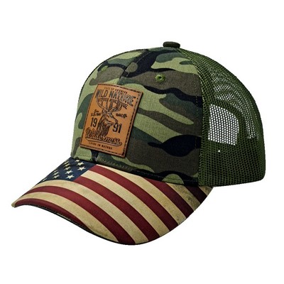 Camouflage American Flag Mesh Back Trucker Hat with Embossed Leather Patch