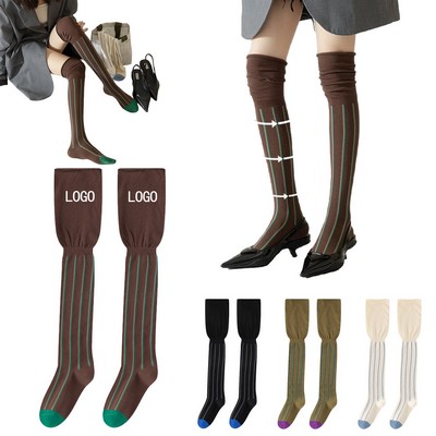 Loose-Top Over-the-Knee Solid Color Vertical Stripe Long Socks