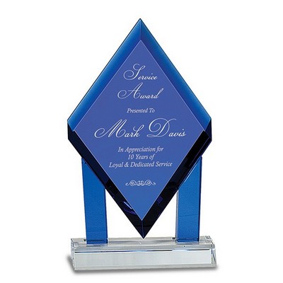 8¾" Tall Blue Crystal Floating Diamond Award on Clear Glass Base