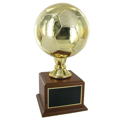 16 ½" Gold Soccer Trophy w/8" Diameter Ball on Walnut Base