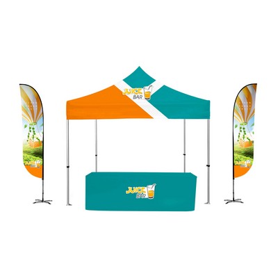 10x10' Deluxe Canopy Kit White Steel Frame, two 9' Feather Flag & 6' Tablecover