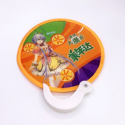 Foldable 8" Polyester Round Fan With Plastic J Handle