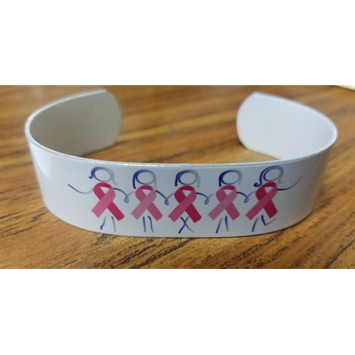 Aluminum cuff bracelet (6.25" x 3/4" wide) with a full color, sublimated imprint. Made in the USA
