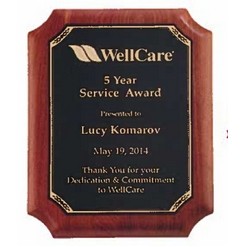 American Walnut Plaque w/Black Plate, Notched Corners & Gold Border (8"x 10.5")