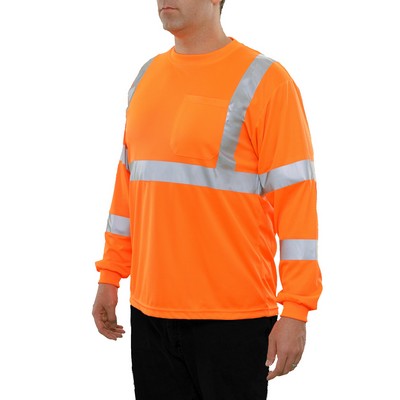 Birdseye Hi-Vis Pocketed Long Sleeve Shirt- Silver Fabric Reflective/Fluorescent Red-Orange
