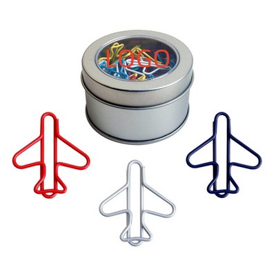 Airplane Shaped Paper Clips w/Round Tin