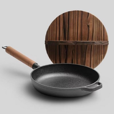 Wood Handle 11.42" Dia. Cast Iron Pan Frying Pan Uncoated Pancake Pan