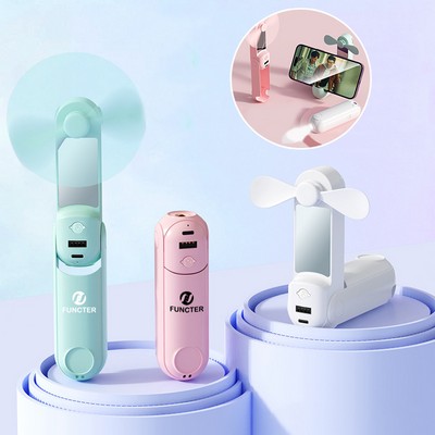 5" 1 Mini Portable USB Handheld Fan With Power Bank Feature W/ Stand Holder, Mirror, Flashlight