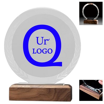 Round K9 Crystal Award With Wooden Base