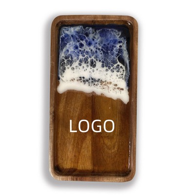 Small Acacia Wood Serving Tray with Resin Ocean Wave
