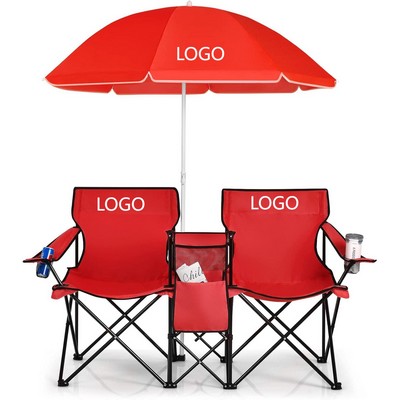 Oxford Cloth Double Folding Chair With Umbrella And Cooler Bag
