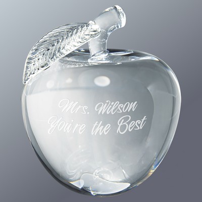 Crystal Apple Paperweight with Frosted Leaf, 3" Diameter