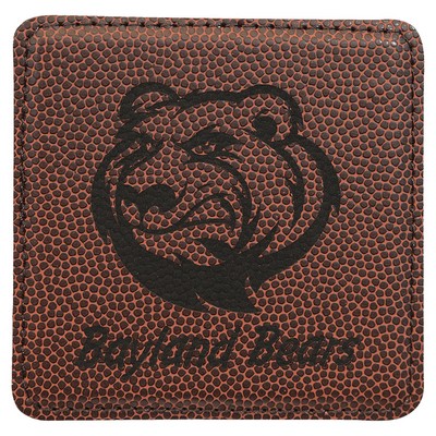 Square Coaster, Football Brown Faux Leather, Engraved, 4x4"