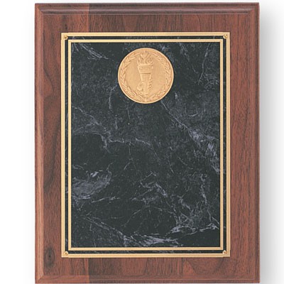 Walnut Finish Plaque and Marbleized Blue Plate with Gold Trim (9" x 12")