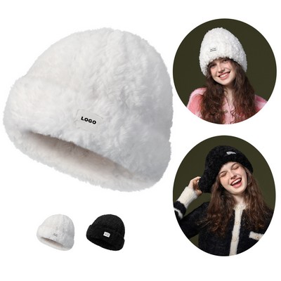 Custom Women's Faux Fur Lined Beanie Fuzzy Skull Cap Warm Winter Hat for Snow Activities
