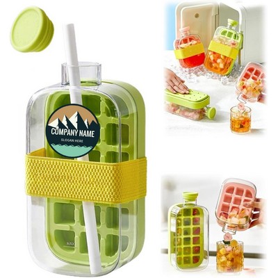 2-in-1 Ice Cube Tray & Water Bottle with Straw – Portable Ice Maker Drinking Bottle.800ML