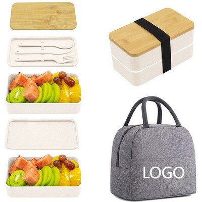 Bamboo Lid Dual-Layer Bento Box with Cutlery Set & Insulated Bag