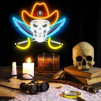 Cowboy Hat Western Skull Pirate Cross Swords Neon Sign